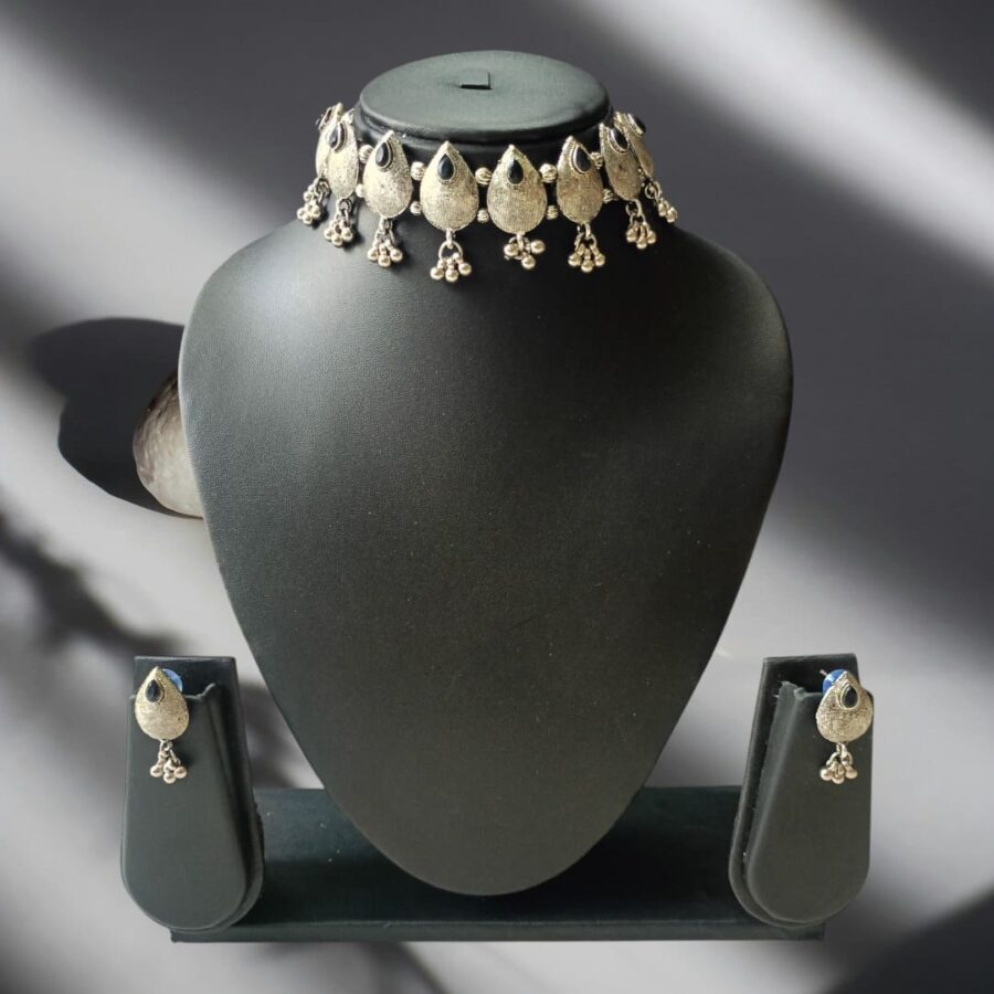 Noir Majesty: Oxidised Black Stone Choker Set by Ikshaya
