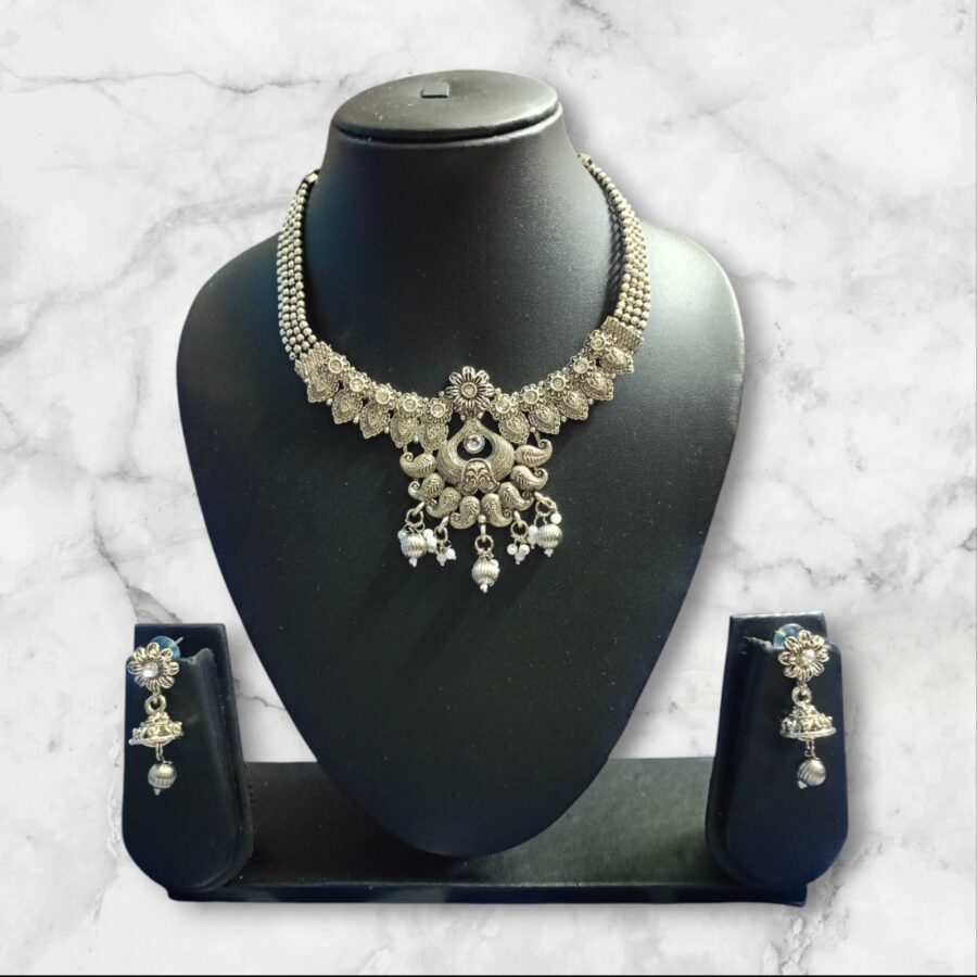 Antique Grace Oxidised Choker Necklace Set with Earrings