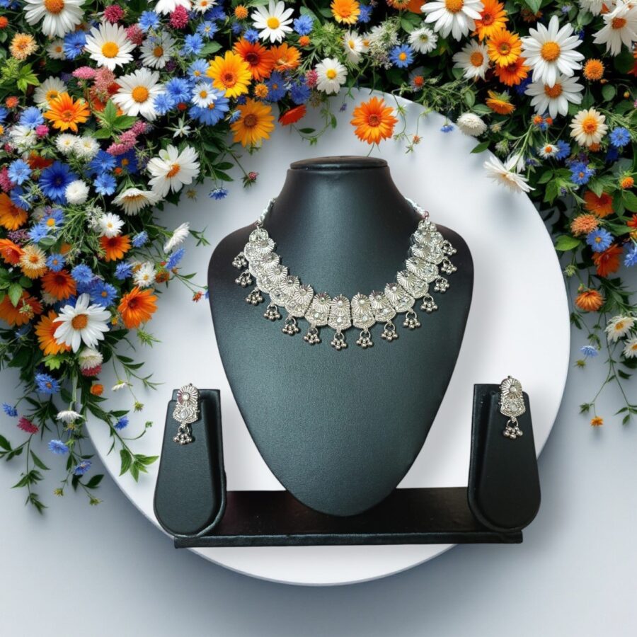 Moonlit Grace: Premium Silver Polished Necklace & Earring Set – Handcrafted Ethnic Jewellery by Ikshaya