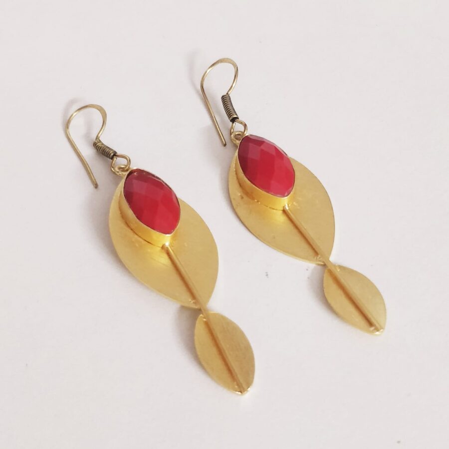 Radiant Ruby Leaf Gold Polished Brass Earrings – Premium Red Stone