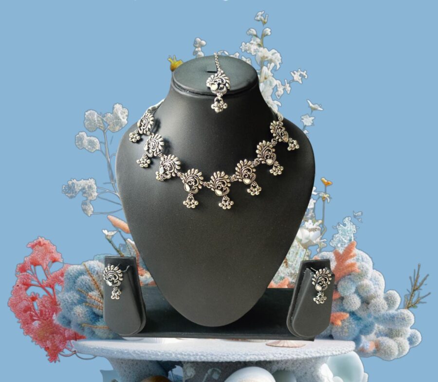 Boho Radiance: Oxidised Stone Necklace Set by Kala Karigari