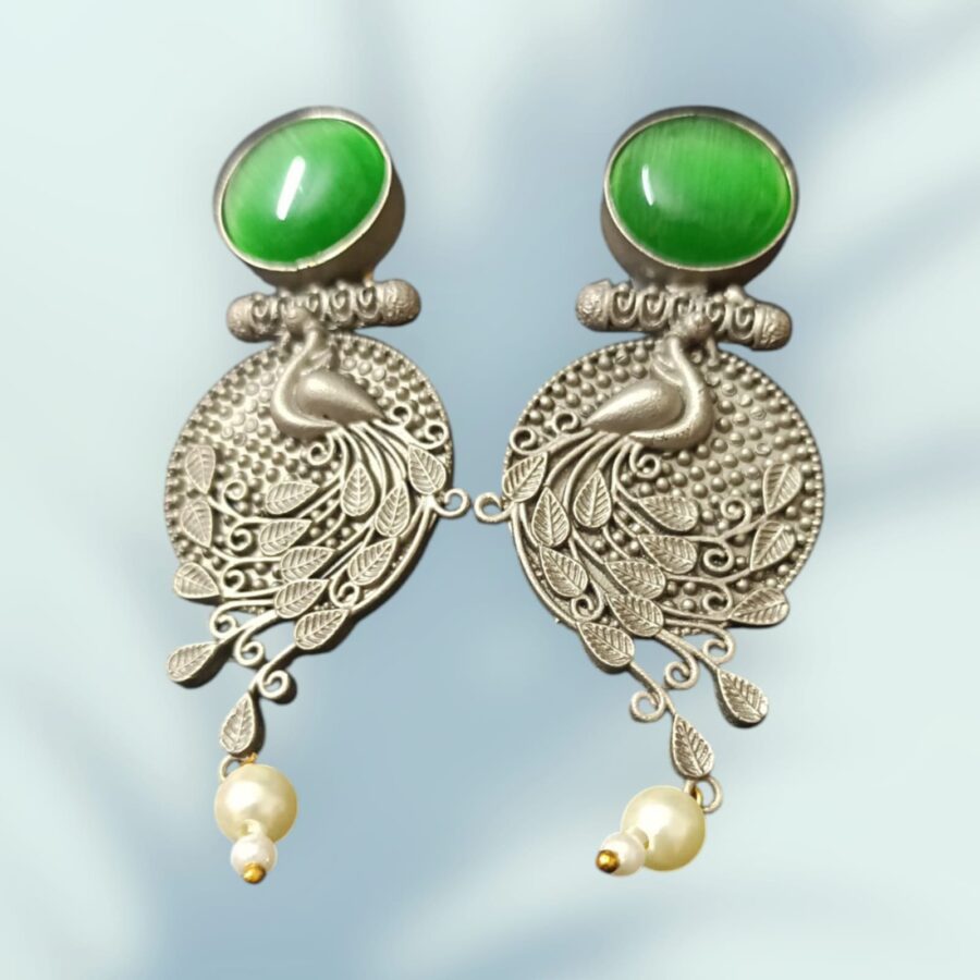 Mint Glow Handcrafted Brass Earrings with Light Green Stone