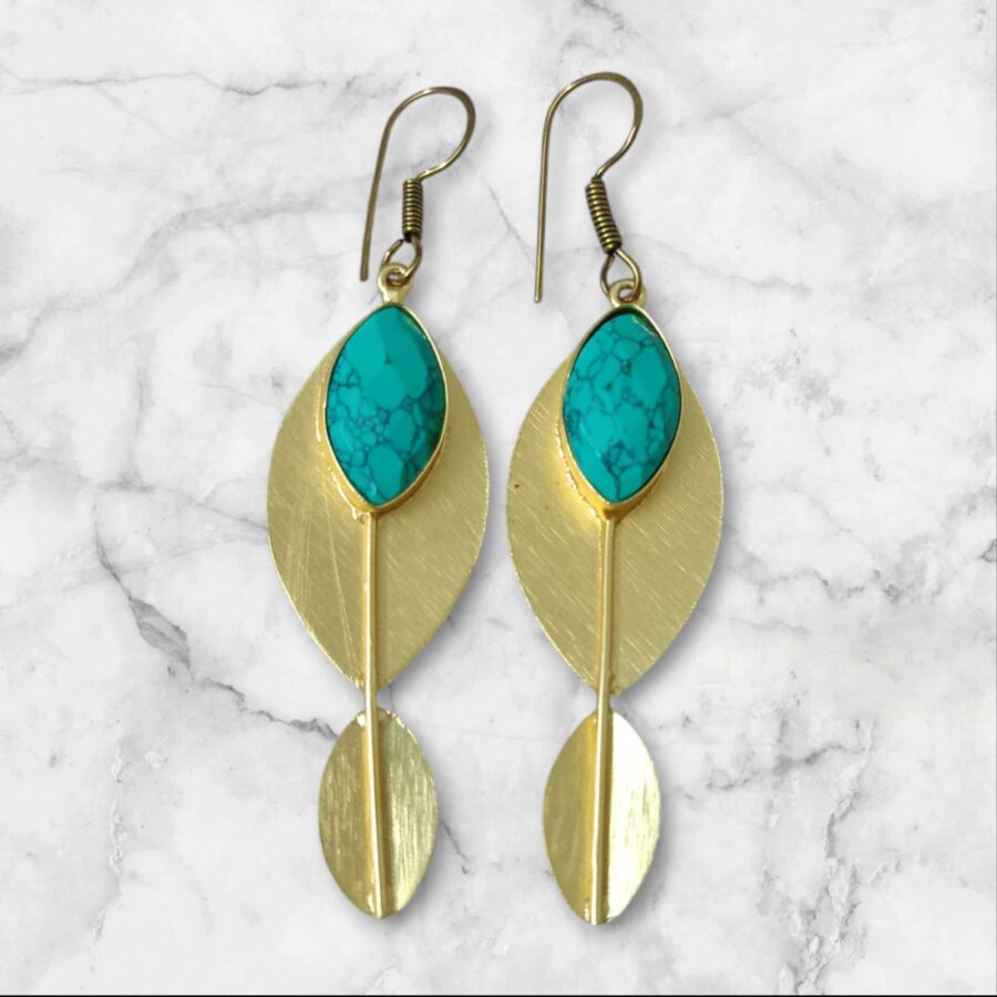 Turquoise Elegance: Premium Gold-Polished Brass Leaf Earrings