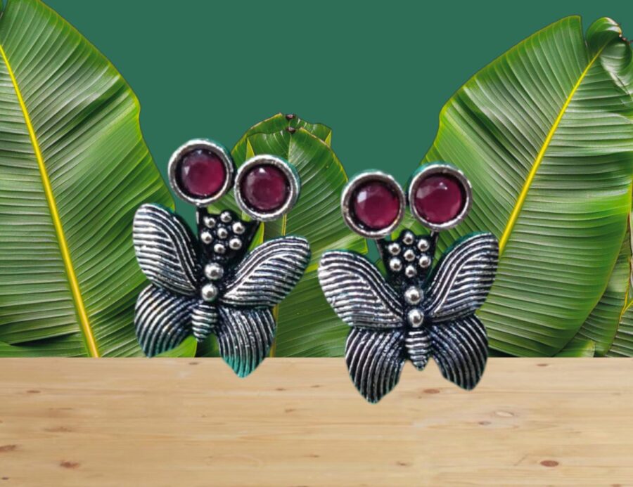 Royal Butterfly Oxidised Earrings with Red Stone – Handcrafted by Ikshaya