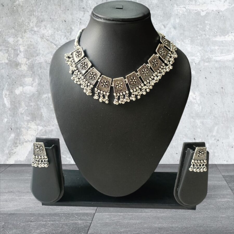 Boho Radiance: Oxidised White Stone Necklace Set by Ikshaya