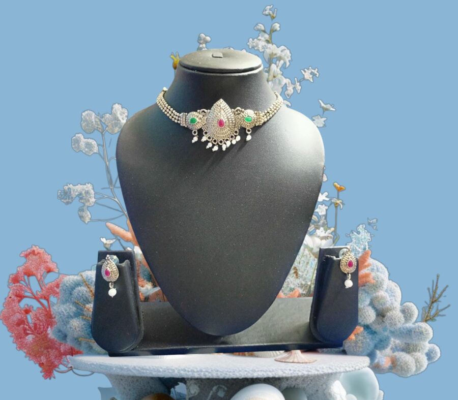 Boho Royalty Oxidised Silver Choker Necklace Set with Earrings