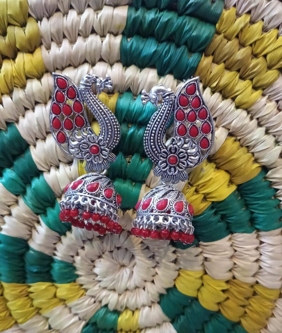 Red Peacock Jhumka Oxidized Earrings by Ikshaya – Traditional Elegance with a Pop of Red