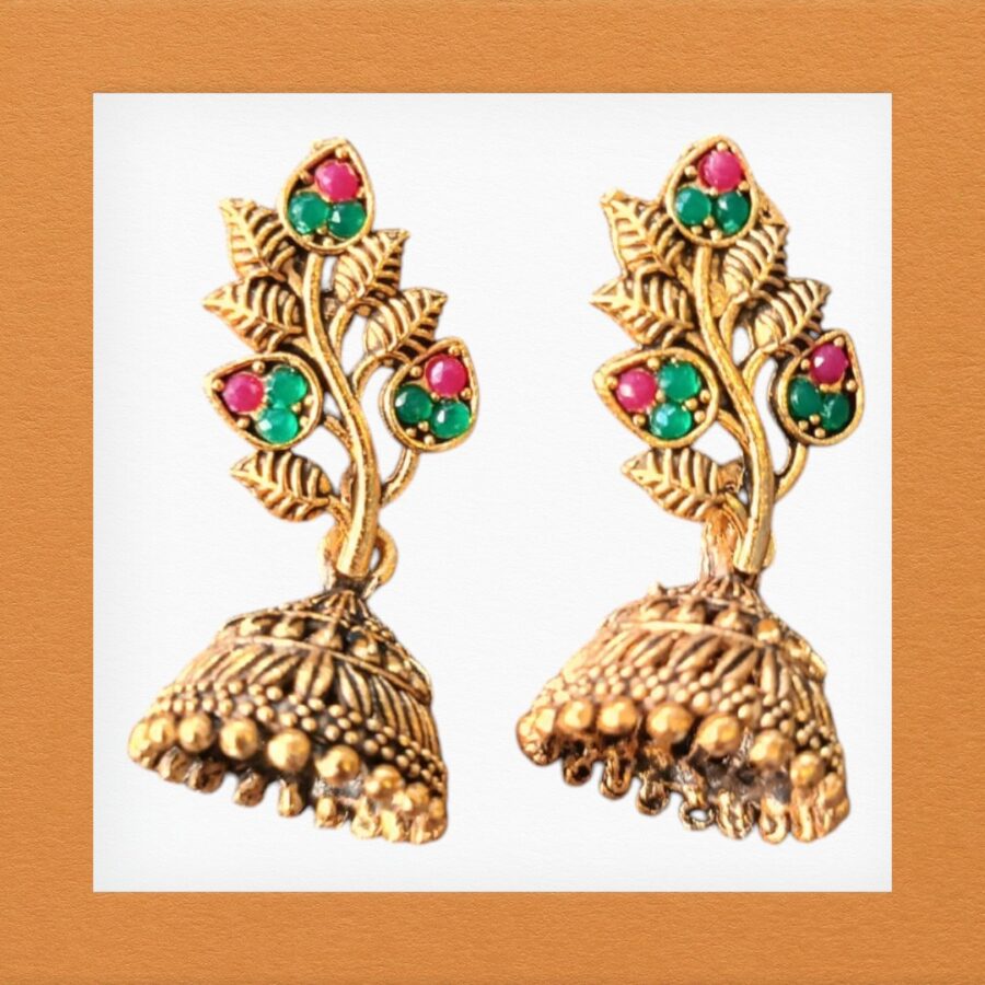 Leaf Style Golden Jhumki by Ikshaya – Nature-Inspired Elegance with a Traditional Twist