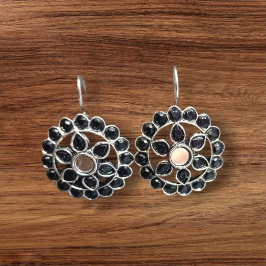 Vintage Bloom Oxidised Hook Earrings with Black Stone by Ikshaya